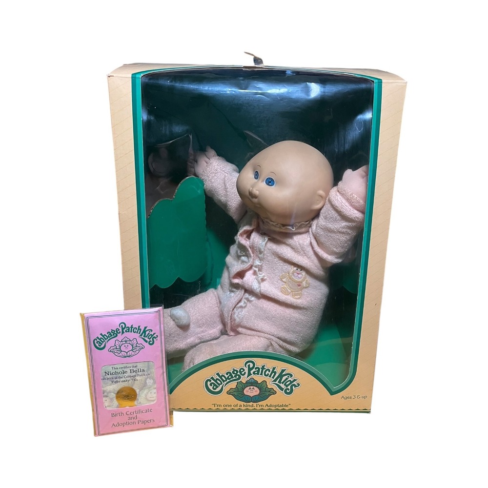 1983 Cabbage Patch Kids in box Nichole Bella Baby Pink Sleeper w/Adoption Papers